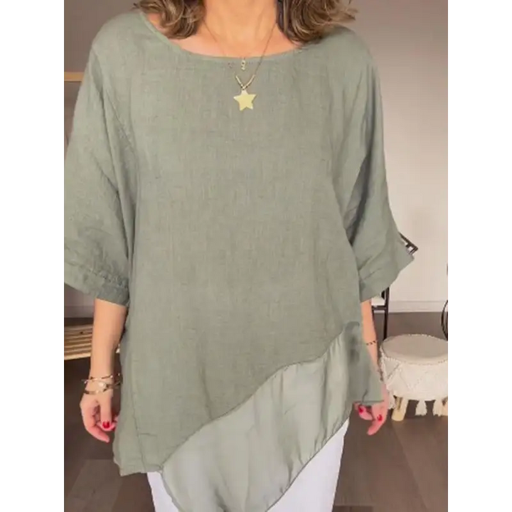 Top de algodão e linho com gola redonda e malha em patchwork casual