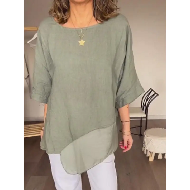 Top de algodão e linho com gola redonda e malha em patchwork casual