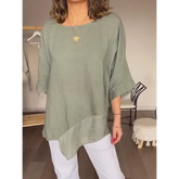 Top de algodão e linho com gola redonda e malha em patchwork casual
