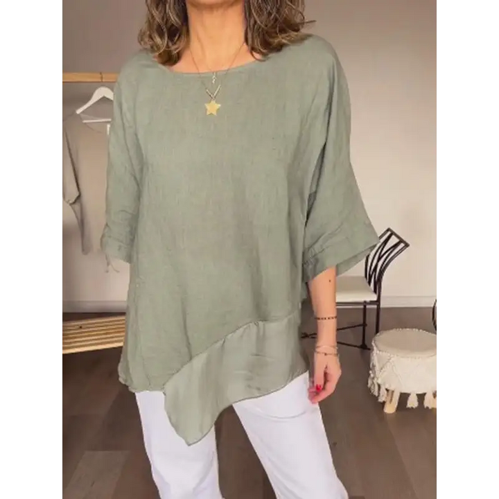 Top de algodão e linho com gola redonda e malha em patchwork casual