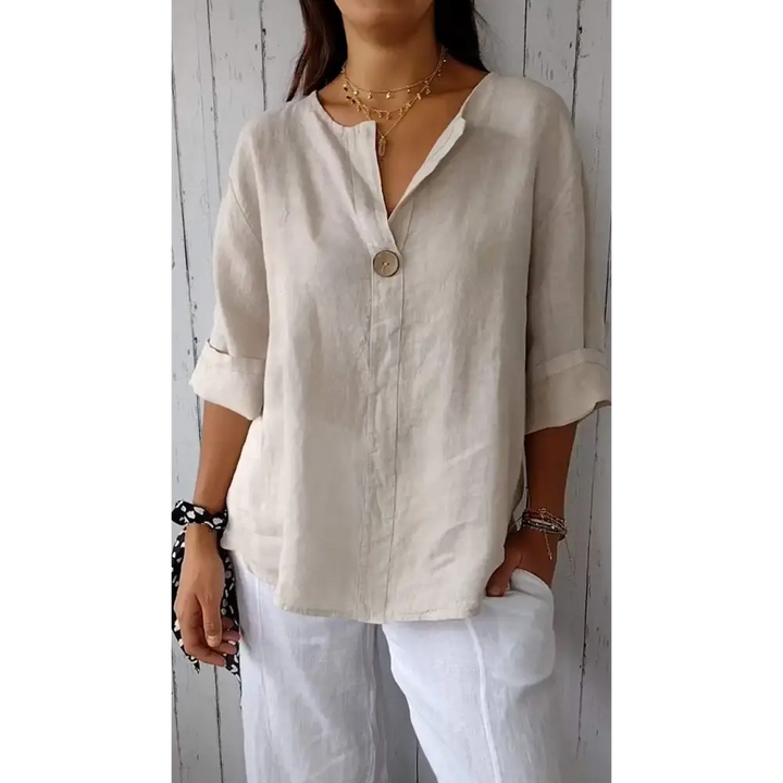 Top de algodão e linho com mangas médias botões e decote em V