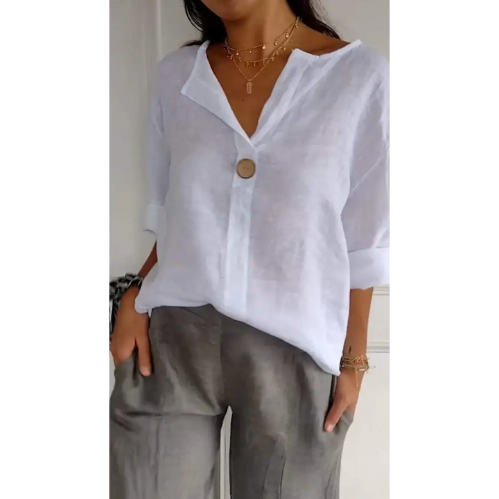 Top de algodão e linho com mangas médias botões e decote em V