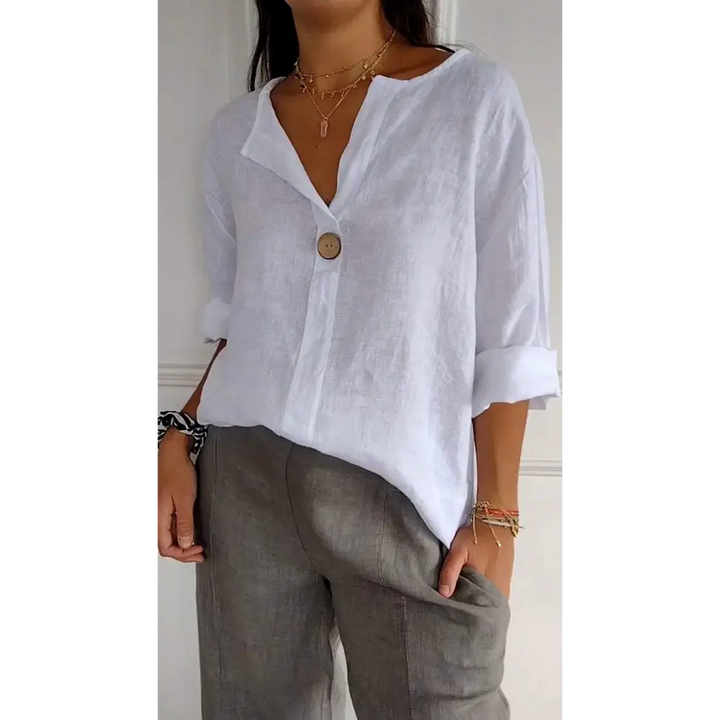 Top de algodão e linho com mangas médias botões e decote em V