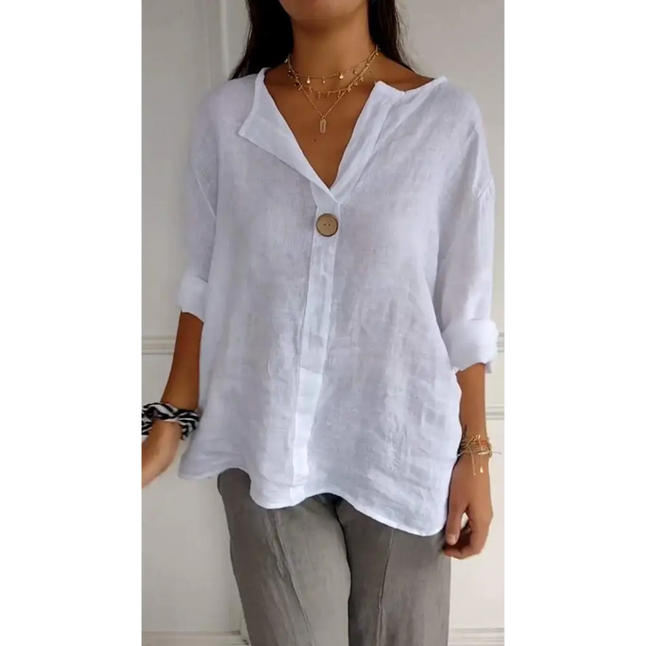 Top de algodão e linho com mangas médias botões e decote em V