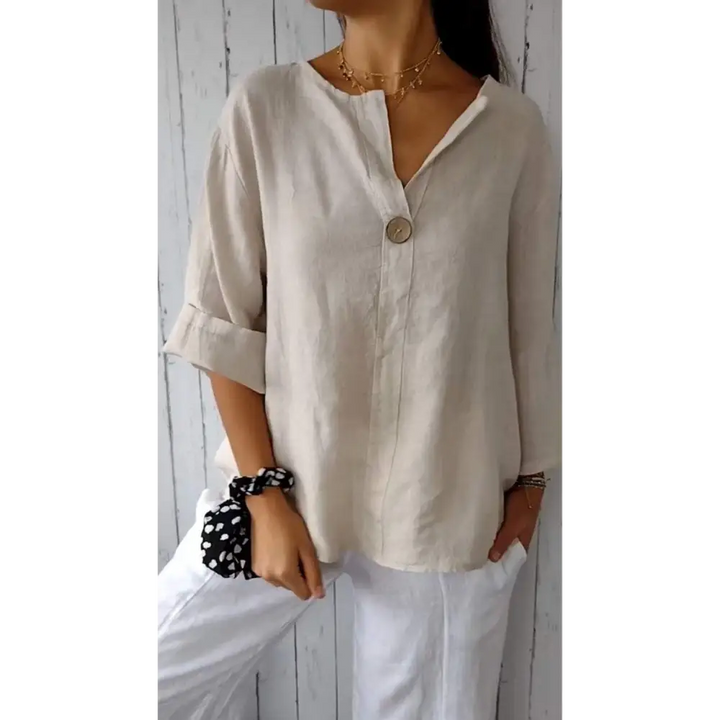 Top de algodão e linho com mangas médias botões e decote em V