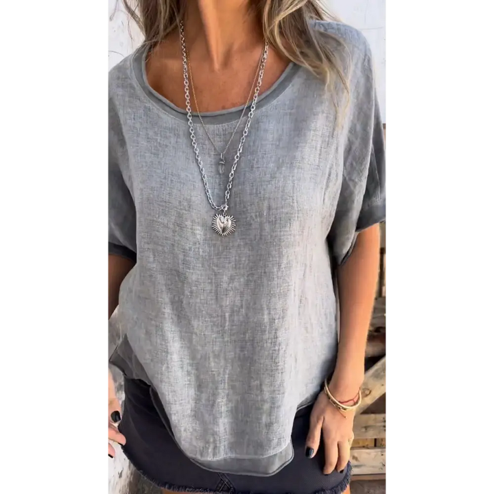 Top de Algodão e Linho com Patchwork Contrastante e Gola Redonda