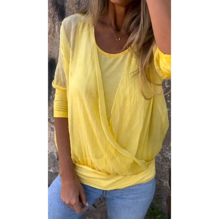 Top de cor sólida com gola redonda e mangas médias