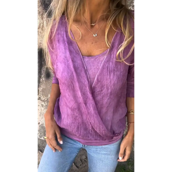 Top de cor sólida com gola redonda e mangas médias