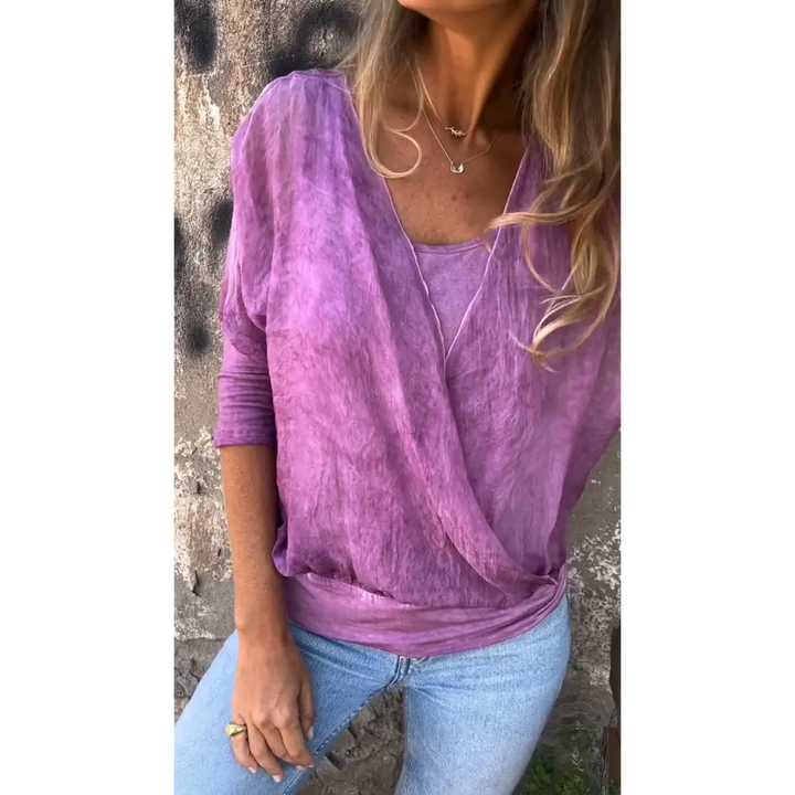 Top de cor sólida com gola redonda e mangas médias