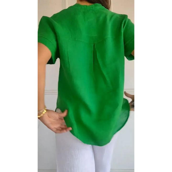 Top de linho e algodão com decote em V e mangas curtas