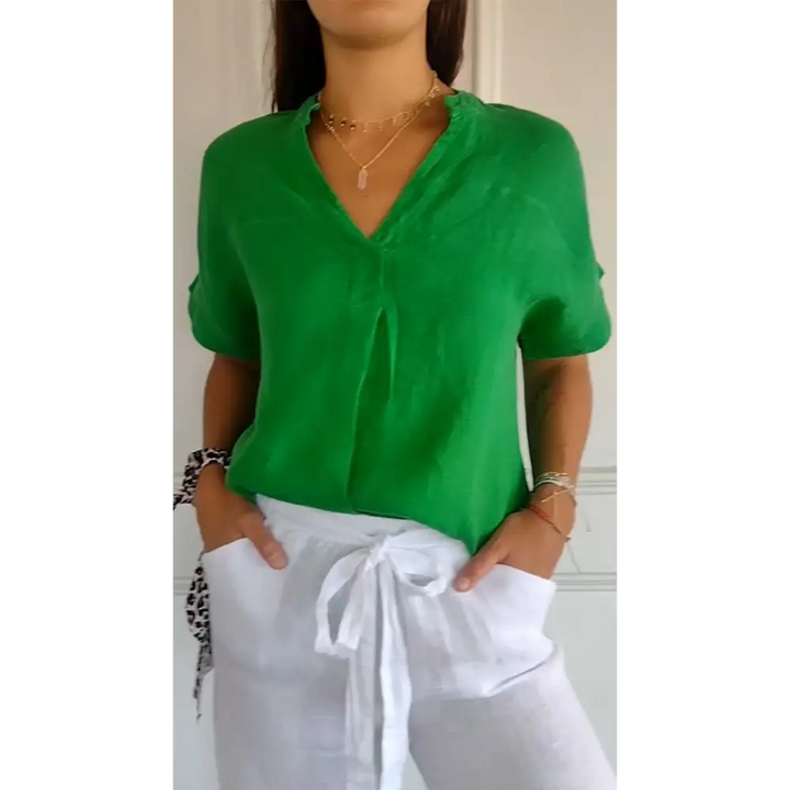 Top de linho e algodão com decote em V e mangas curtas