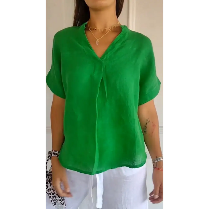 Top de linho e algodão com decote em V e mangas curtas