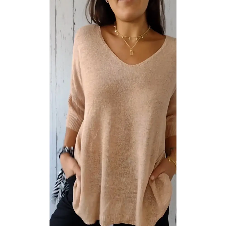 Top de Malha com Decote em V de Cor Sólida