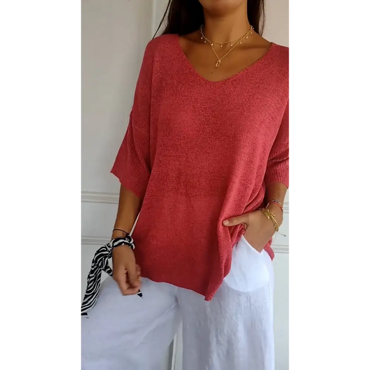 Top de Malha com Decote em V de Cor Sólida