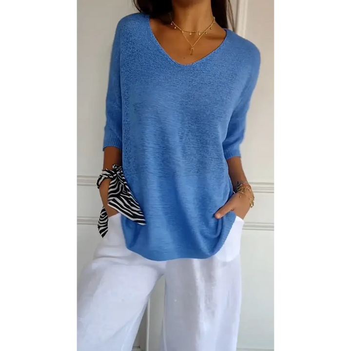 Top de Malha com Decote em V de Cor Sólida