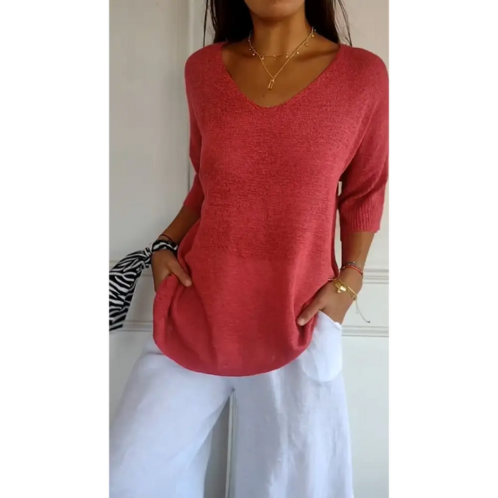 Top de Malha com Decote em V de Cor Sólida