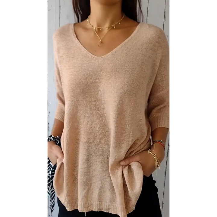 Top de Malha com Decote em V de Cor Sólida