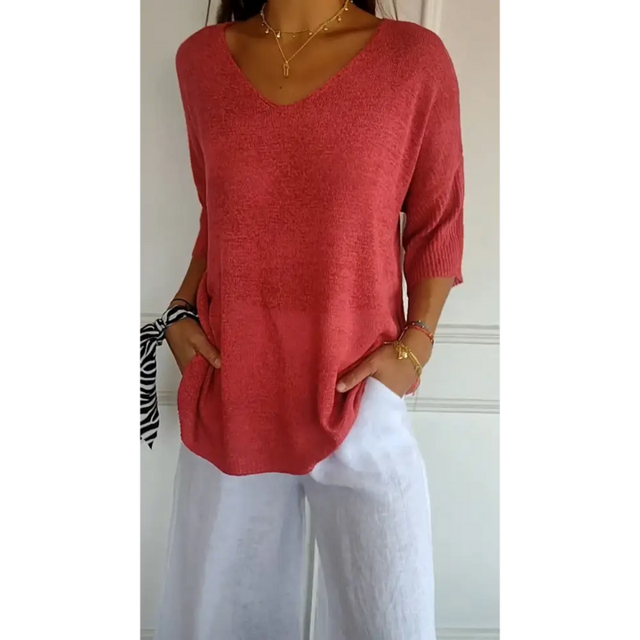 Top de Malha com Decote em V de Cor Sólida