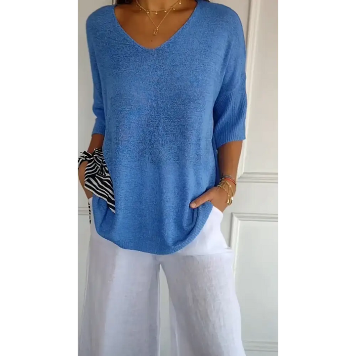 Top de Malha com Decote em V de Cor Sólida