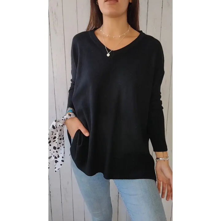Top de Malha com Mangas Compridas e Decote em V