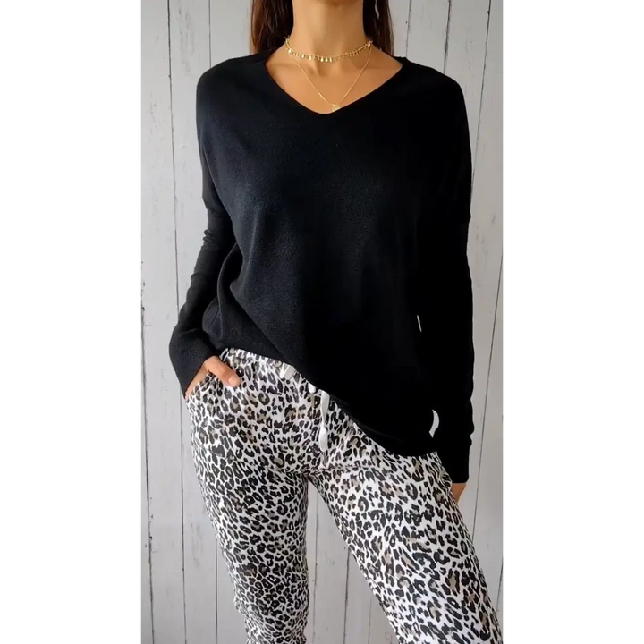 Top de Malha com Mangas Compridas e Decote em V