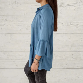 Top Feminino Casual com Gola de Lapela e Manga Flare