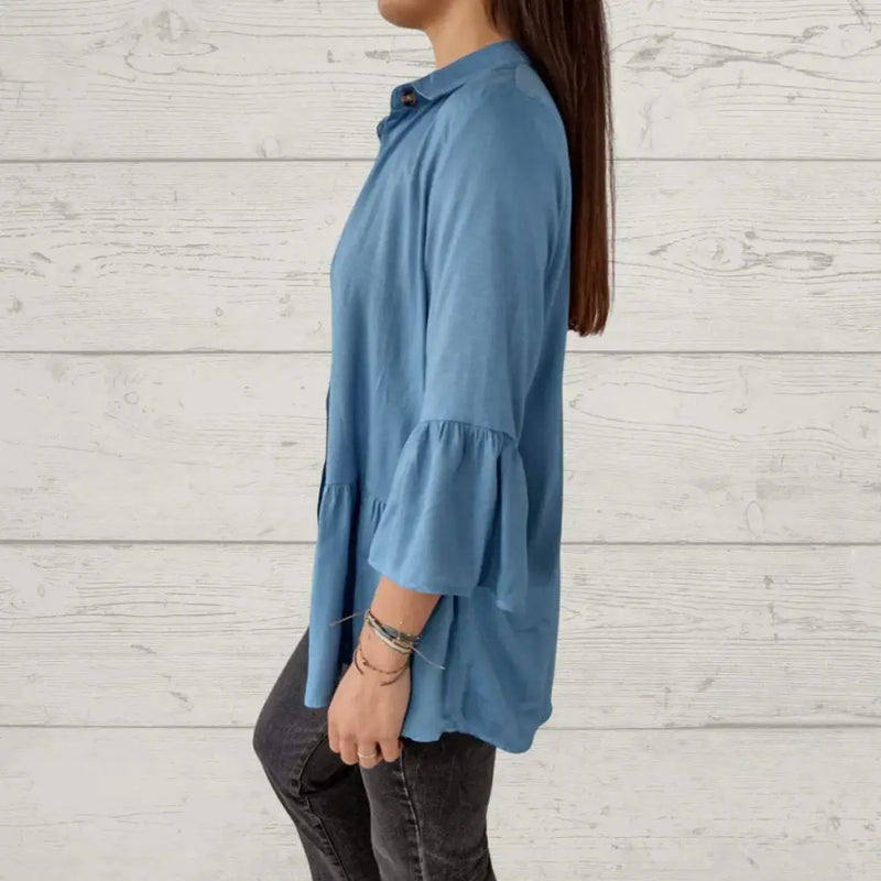 Top Feminino Casual com Gola de Lapela e Manga Flare