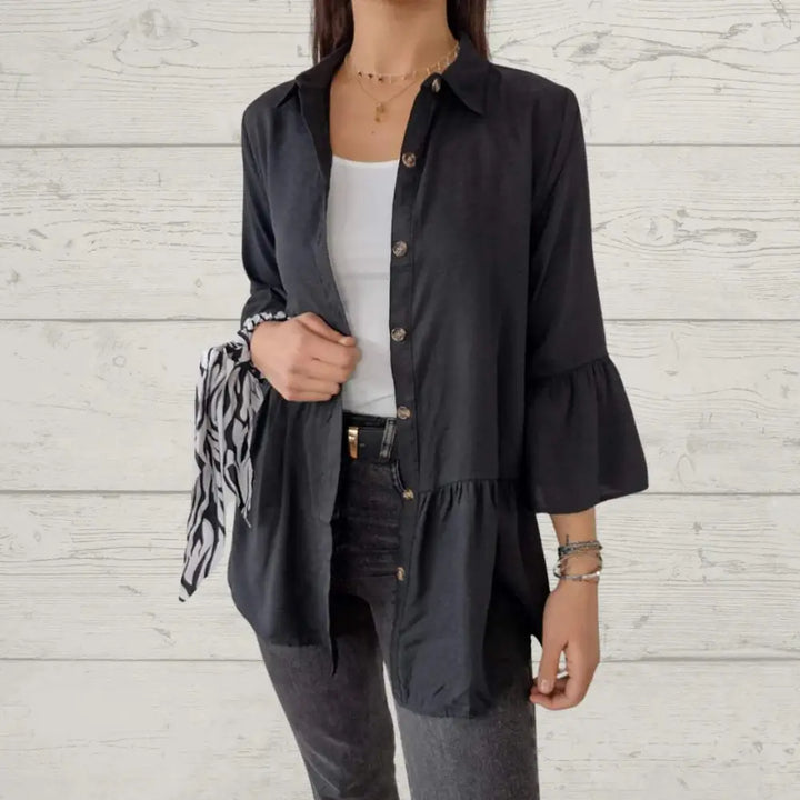 Top Feminino Casual com Gola de Lapela e Manga Flare