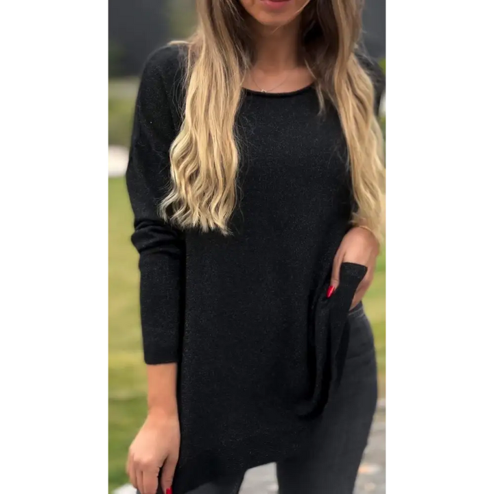 Top Feminino de Cor Sólida com Gola Redonda e Manga Longa