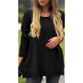 Top Feminino de Cor Sólida com Gola Redonda e Manga Longa