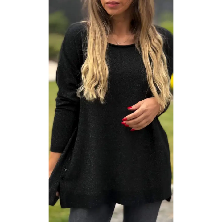 Top Feminino de Cor Sólida com Gola Redonda e Manga Longa