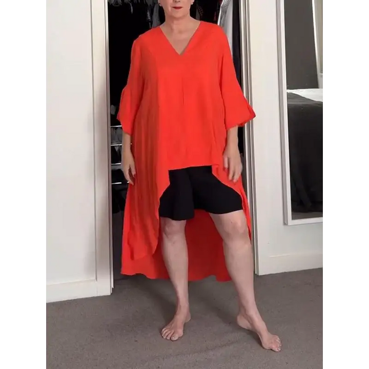 Top longo feminino casual com decote em V e frente longa e costas curtas