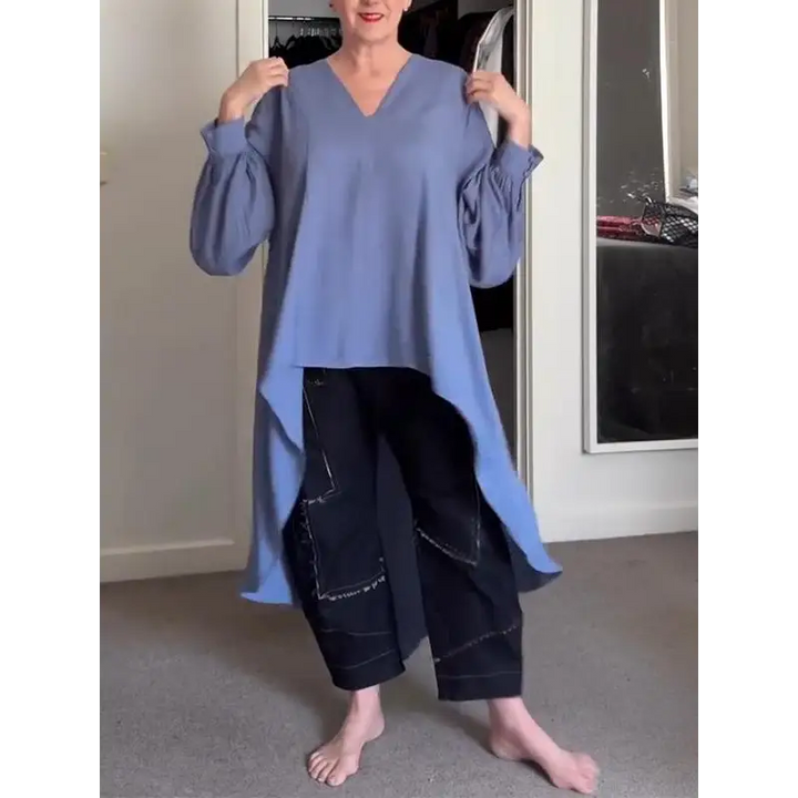 Top longo feminino casual com decote em V e frente longa e costas curtas