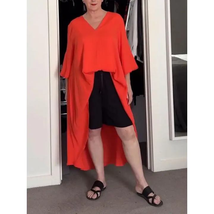 Top longo feminino casual com decote em V e frente longa e costas curtas