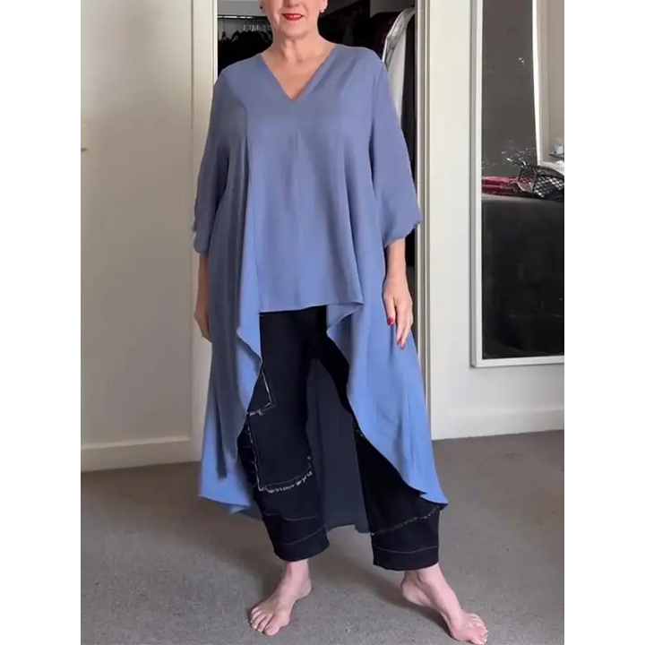 Top longo feminino casual com decote em V e frente longa e costas curtas