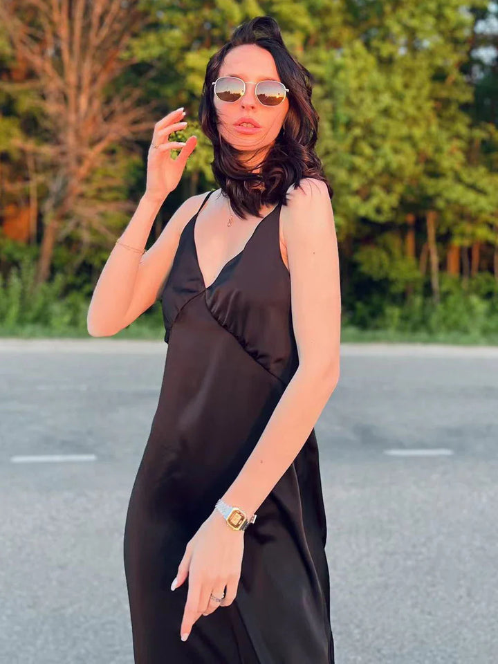 Vestido Acetinado Decote V Alcinha Anna