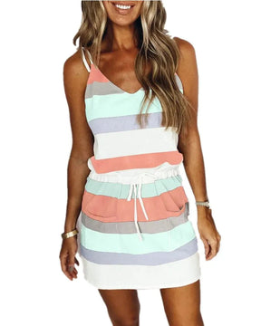 Vestido Feminino Listrado Regata Alça e Bolso
