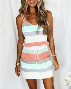 Vestido Feminino Listrado Regata Alça e Bolso