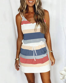 Vestido Feminino Listrado Regata Alça e Bolso