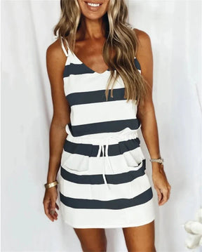 Vestido Feminino Listrado Regata Alça e Bolso