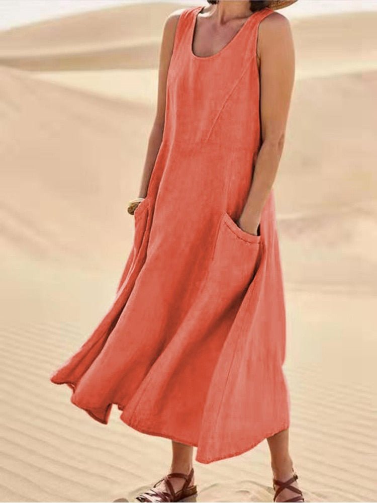 Vestido Feminino Regata Longo Linho