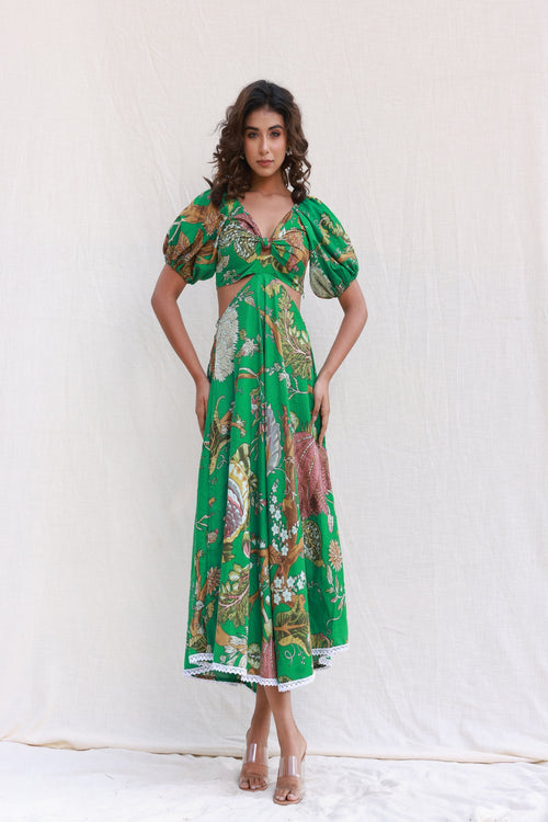 Vestido Longo de Verão com Estampa Floral e Manga Bufante Aurora