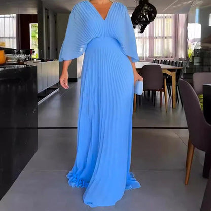 Vestido Longo Minimalista Plissado com Decote Profundo Olívia - 2