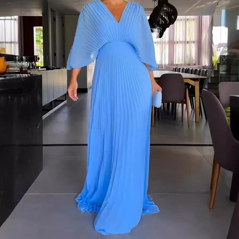 Vestido Longo Minimalista Plissado com Decote Profundo Olívia