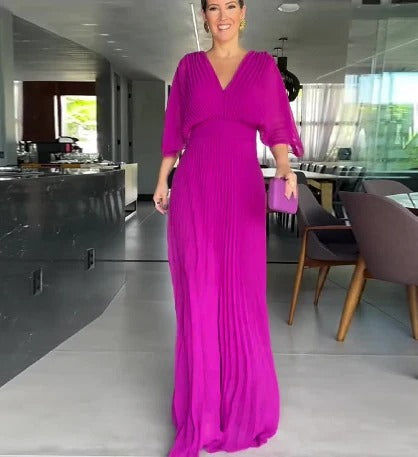 Vestido Longo Minimalista Plissado com Decote Profundo Olívia - 5