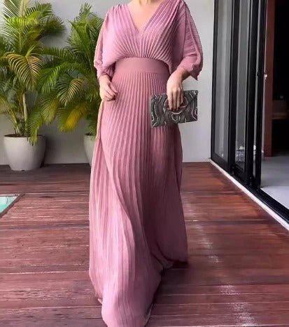Vestido Longo Minimalista Plissado com Decote Profundo Olívia - 6