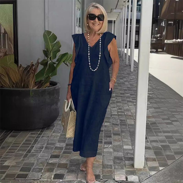 Vestido Midi Elegante de Verão Decote V em Linho Isadora