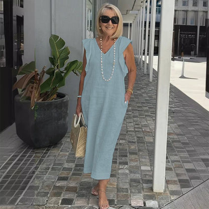 Vestido Midi Elegante de Verão Decote V em Linho Isadora