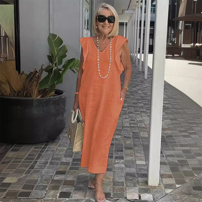 Vestido Midi Elegante de Verão Decote V em Linho Isadora