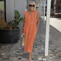 Vestido Midi Elegante de Verão Decote V em Linho Isadora